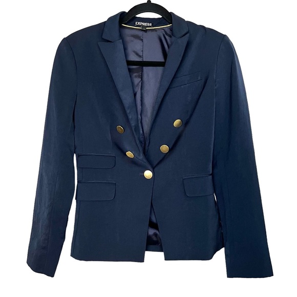 Express Peak Lapel Double Breasted Novelty Button Blazer, Navy Blue, Size 0 - Picture 4 of 14